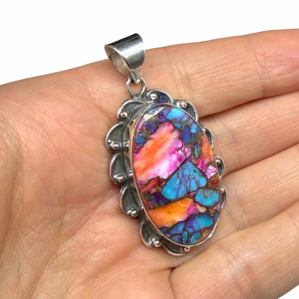 Pink Dahlia Kingman Turquoise Necklace Pendant Solid 925 Sterling Silver Oval - Picture 3 of 5